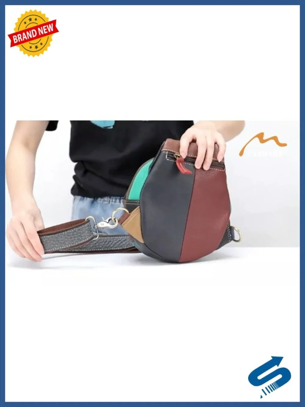 Genuine Leather Patchwork Sling Backpack with Headphone Port